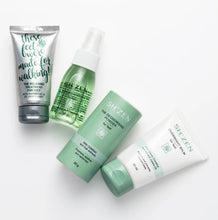 Load image into Gallery viewer, Four Shizen skincare products arranged on a clean white background: a silver tube labeled 'these facts were made for walking,' a translucent green spray bottle, a mint green powder bottle, and a white-and-mint cream tube labeled 'overnight balm'.
