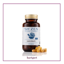 Load image into Gallery viewer, Sh'Zen hair vitality supplement bottle with capsules on a white background
