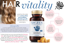 Load image into Gallery viewer, Sh'zen Hair Vitality supplement bottle with text and images on a magazine layout.

