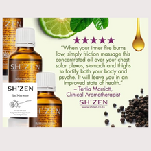 Load image into Gallery viewer, SH'ZEN oil bottles with text on a light background
