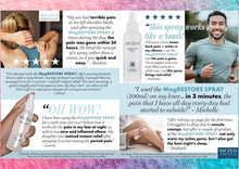 Load image into Gallery viewer, Advertisement for a spray product with customer reviews and images of people using it.
