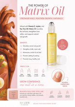 Load image into Gallery viewer, A promotional graphic for Shizen Matrix Oil roll-on bottles. The layout features a large, warm-toned close-up of a human nail on the left, a clear bottle of yellow Matrix Oil in the center-right, and informational text and icons detailing benefits and suitability on a light pink background.
