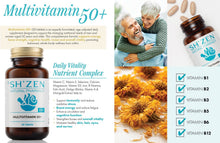 Load image into Gallery viewer, Bottle of Sh'Zen Multivitamin 50+ with product information and a picture of a man and woman
