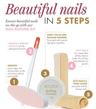 Load image into Gallery viewer, Nail buffing kit with five numbered steps on a white background. Visible items include a pink and white emery buffer, a soft-tipped cuticle stick, a beige buffer, Sh'Zen buffing powder lid, and a rolled beige chamois cloth.
