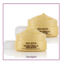 Load image into Gallery viewer, Two jars of Sh'Zen Natural Tissue Oil Body Butter on a white background
