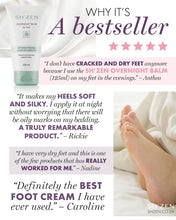 Load image into Gallery viewer, Advertisement for Sh'zen Overnight Balm with customer testimonials and product packaging.
