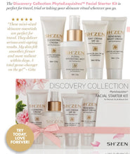 Load image into Gallery viewer, SHiZEN Discovery Collection PhytoExtricis Facial Starter Kit featuring six skincare tubes and bottles with white and gold packaging, decorated with pink floral graphics and a pink ribbon, with promotional text overlays.
