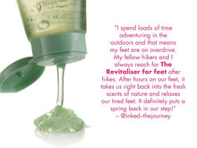 Load image into Gallery viewer, A squeeze bottle of Sh'Zen Revitaliser foot gel with green gel dripping onto a white surface, next to a pink customer testimonial quote on a white background.
