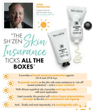 Load image into Gallery viewer, Promotional graphic for Sh'zen Skin Insurance SPF 50, featuring a portrait of John Knowlton, the text 'The Sh'zen Skin Insurance Ticks All The Boxes,' two white sunscreen tubes, a squeeze of white cream, and feature callouts on a white background.
