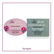 Load image into Gallery viewer, Two Shizen skin stimulator bath sponges in packaging, one with a pink and one with a green label, on a white background
