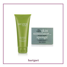 Load image into Gallery viewer, Green tube of Shizen Spa Additive Sportswash and a rectangle black bath sponge in packaging on a white background
