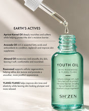 Load image into Gallery viewer, Bottle of Sh'Zen Youth Oil with info on the ingredients and benefits
