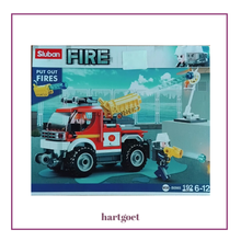 Load image into Gallery viewer, Sluban fire truck toy set packaging with a fire truck and firefighter figure on a blue background.
