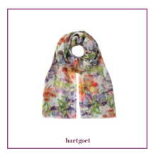 Load image into Gallery viewer, Colorful floral scarf with 'hartgoet' branding on a white background
