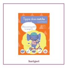 Load image into Gallery viewer, Book cover of 'Tippie does maths' with a cartoon elephant on a scooter against an orange background.
