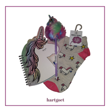 Load image into Gallery viewer, Unicorn-themed notebook, socks, and pen with 'hartgoet' branding on a white background
