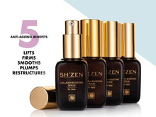 Load image into Gallery viewer, Three bottles of Sh'Zen Collagen Boosting Serum with text about the 5 ant--ageing benefits of the product
