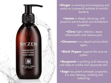 Load image into Gallery viewer, Bottle of ShZen Immuboost Fortifying Hand Wash with info about the essential oils and the benefits
